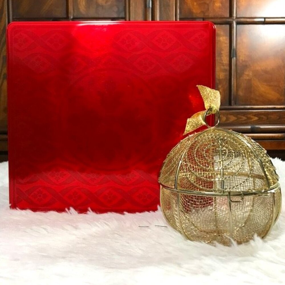 Gold Metal Cage Ornament & Red Medallion Square Tin Set